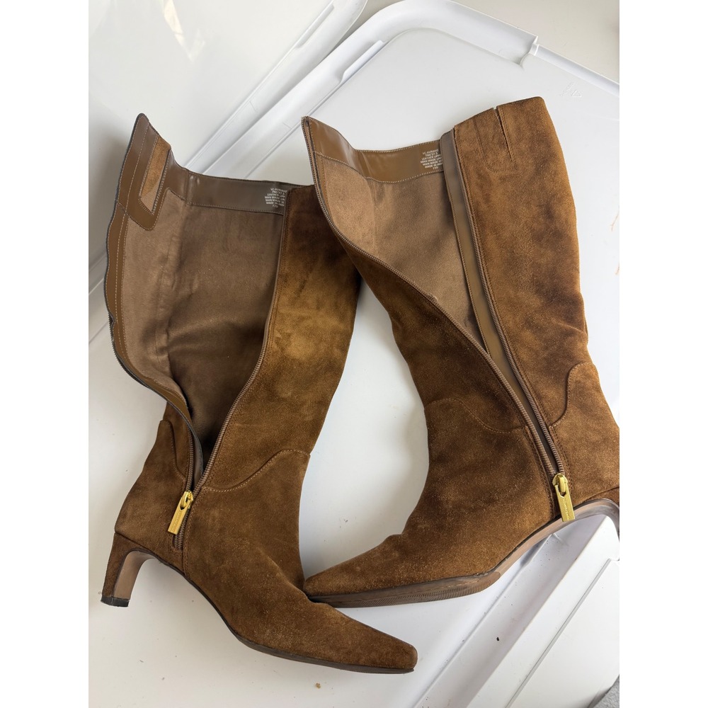 Vince Camuto Brown Suede Knee High Kitten Heel Boots Pointed Toe Side Zip - Picture 5 of 12